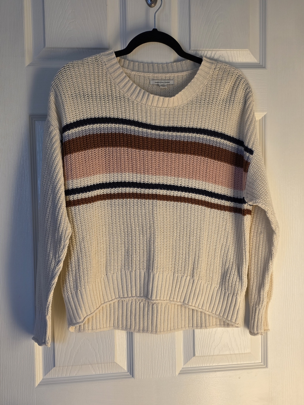 American Eagle Outfitters Cream Crewneck Sweater with Pink and Brown Stripes